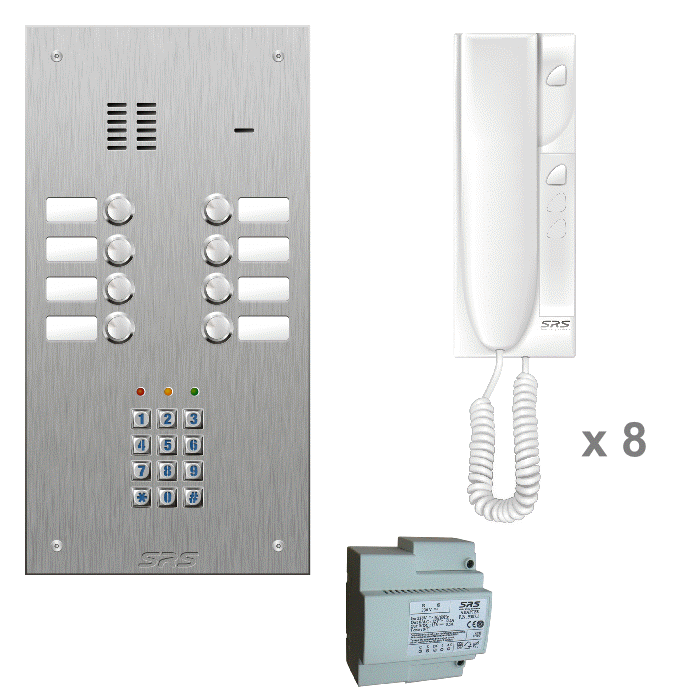 K4408/05 08 way audio entry kit c/w s. steel VR name window + keypad 